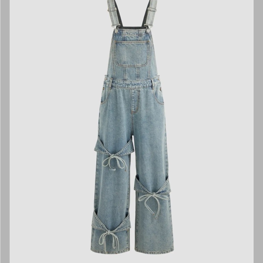 Cider Light Blue Denim Tie-Knot Wide Leg Overalls